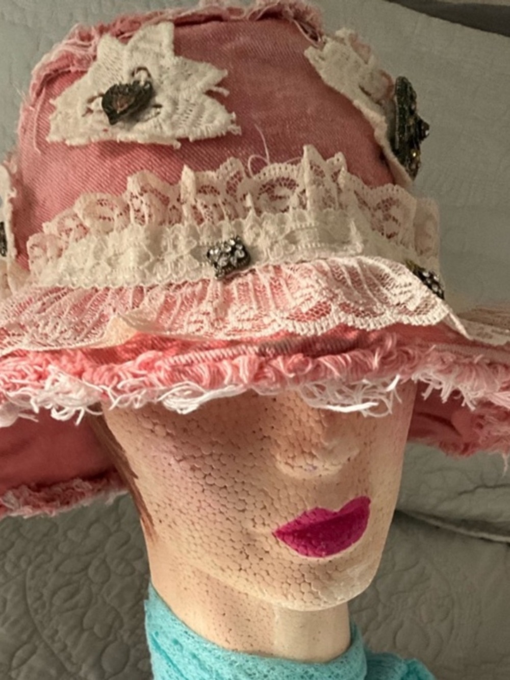 Upcycled Pink Denim Patchwork Bucket Hat with Lace and Vintage Embellishments OS
